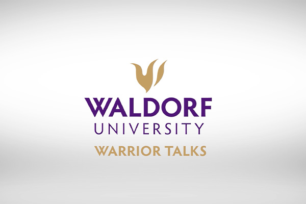 Waldorf University logo with "Warrior Talks" against white background 
