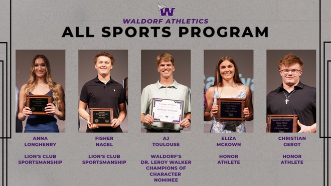 Collage of Waldorf Athletics 2026 All Sports Program winners. In order from left to right, Anna Longhenry, Fisher Nagel, AJ Toulouse, Eliza Mcknown and Christian Gerot.