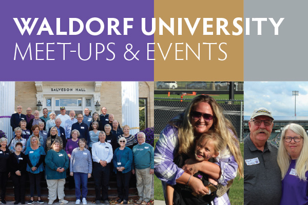 Graphic to promote a Waldorf University Meet-up with photos of various alumni at various locations