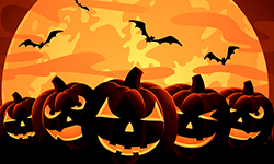 Halloween illustration with a row of jack-o-lanterns and a spooky orange background with flying bats