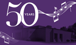 Graphic element celebrating 50 years with an image of Waldorf University's Odvin Hagen Music Center in the background